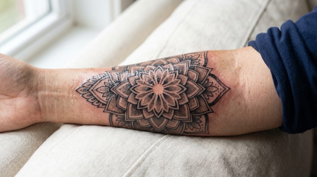 Fresh tattoo on forearm during Stage 1 inflammatory healing phase, days 1 to 5