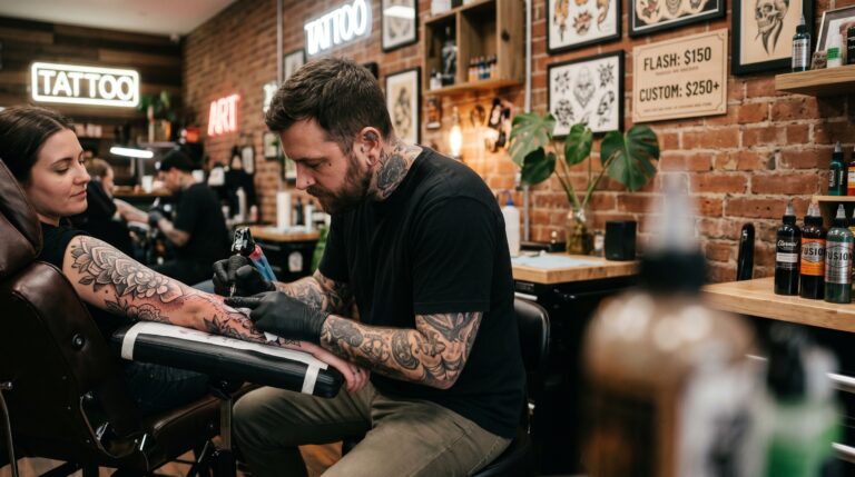 How much does a tattoo cost — tattoo artist working on detailed forearm sleeve design in modern studio