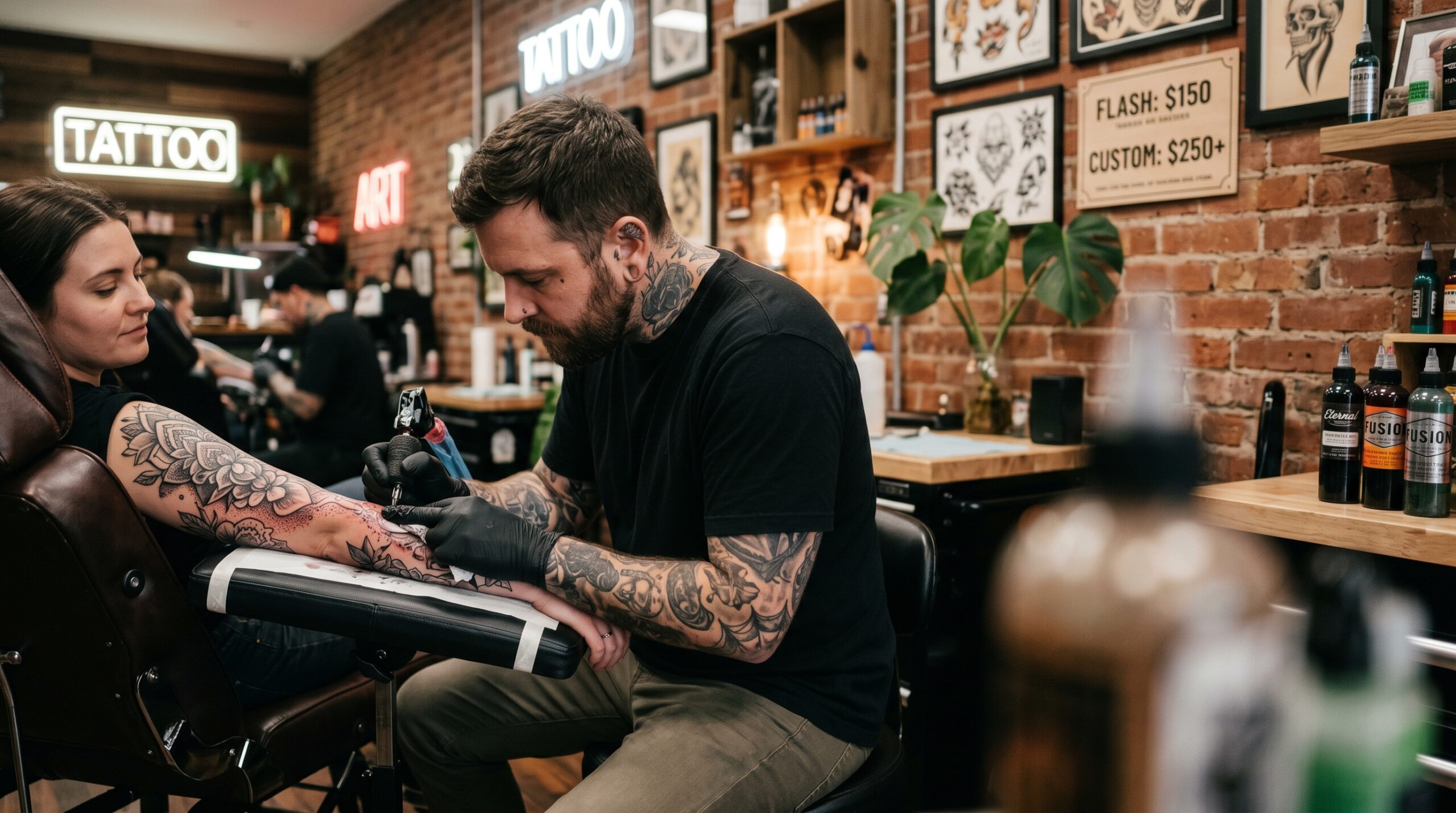 How much does a tattoo cost — tattoo artist working on detailed forearm sleeve design in modern studio