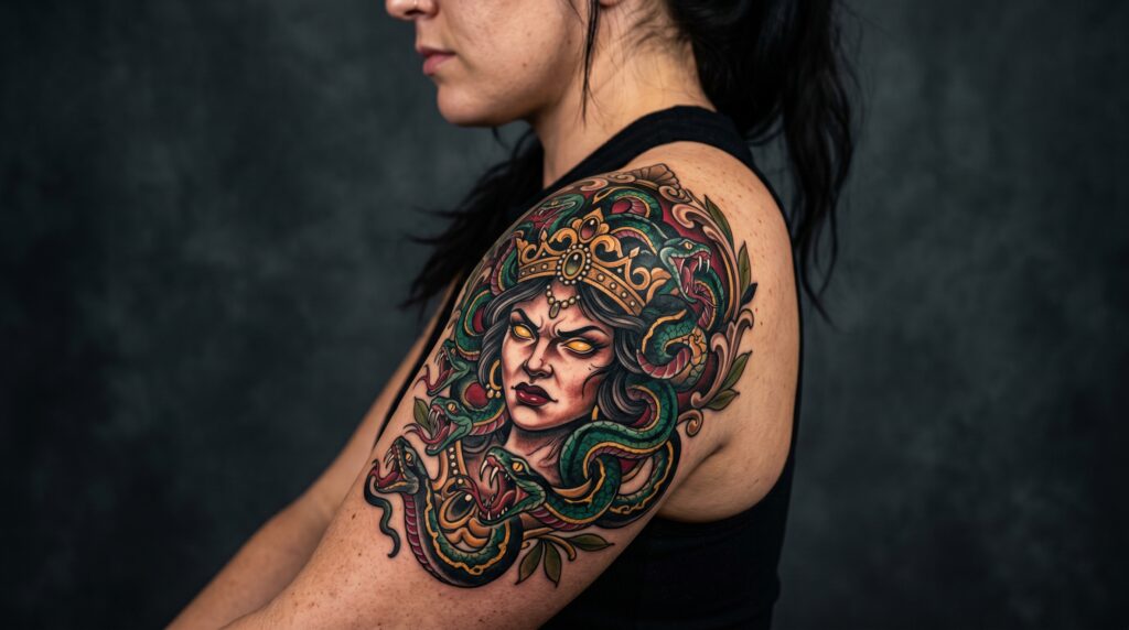 Neo-traditional Medusa tattoo with vibrant green serpents and gold accents on upper arm, showing fierce protective Gorgon design style