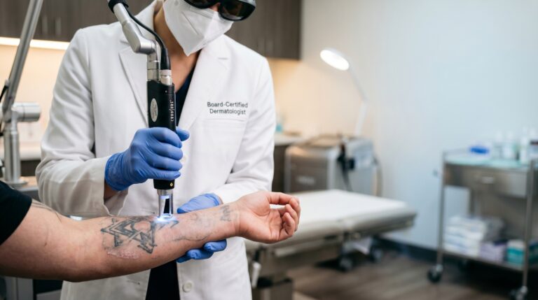 How much is tattoo removal — dermatologist performing laser tattoo removal treatment on patient's forearm in clinical setting