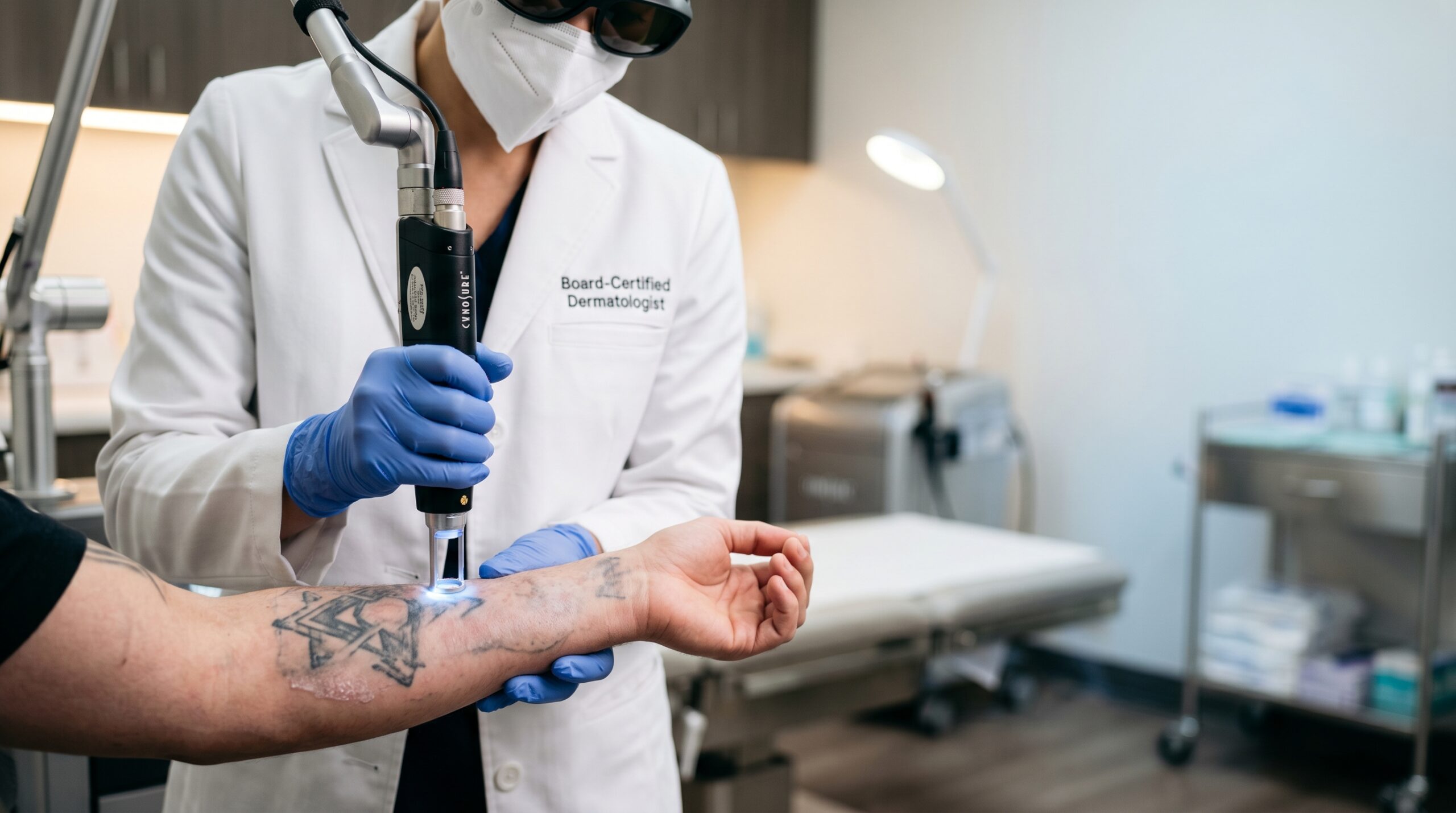 How much is tattoo removal — dermatologist performing laser tattoo removal treatment on patient's forearm in clinical setting