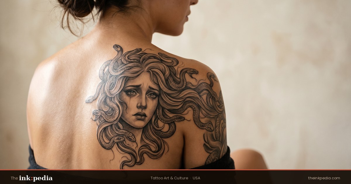 Realistic black and grey Medusa tattoo on woman's upper back symbolizing what a Medusa tattoo means — survivor strength and protection