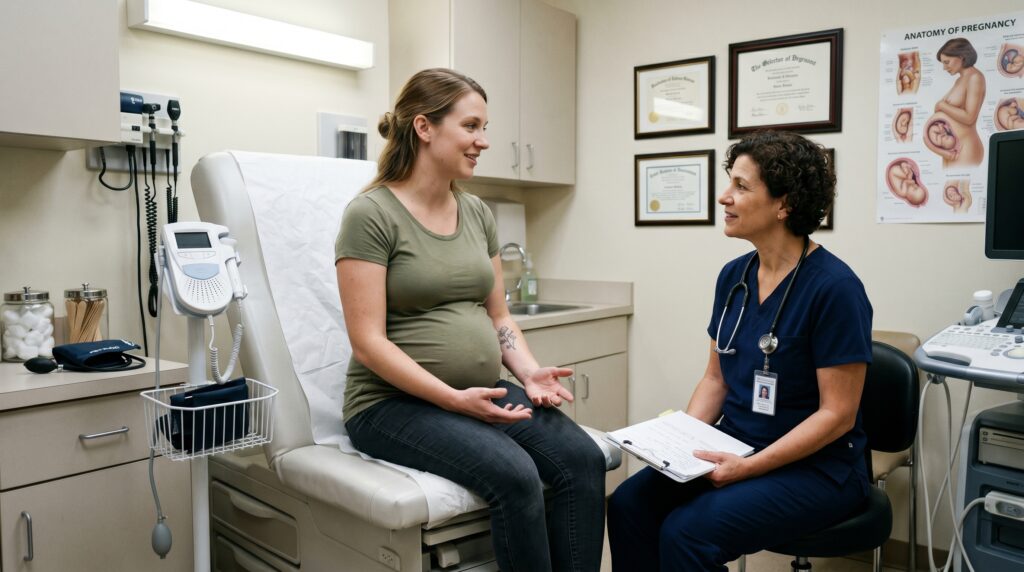 Pregnant woman discussing existing tattoo concerns with her OB-GYN that Can You Get a Tattoo While Pregnant?