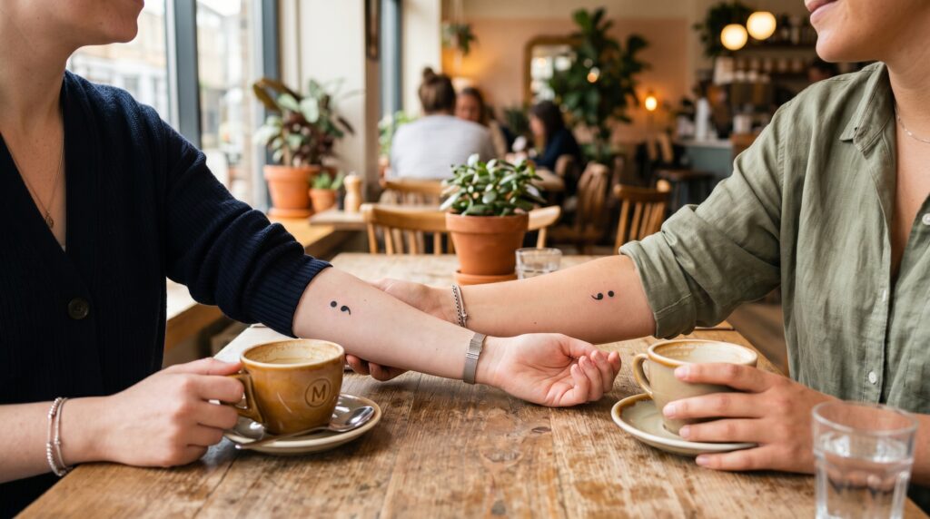 Two friends sharing matching semicolon tattoos as silent handshake of solidarity and mental health awareness support