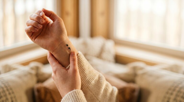 What does a semicolon tattoo mean — minimalist black semicolon tattoo on wrist symbolizing mental health resilience and hope