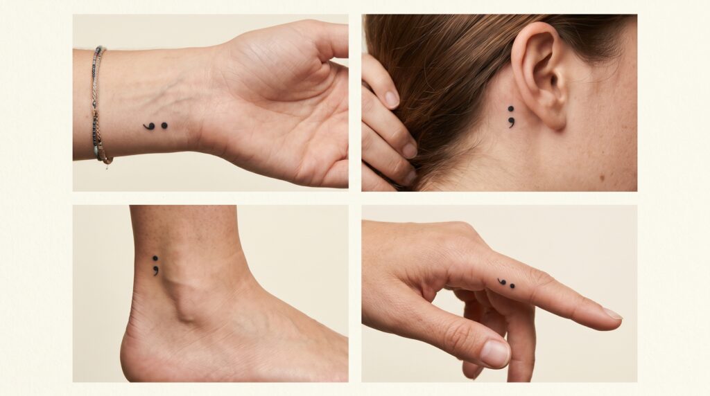 Semicolon tattoo placement guide showing wrist, behind ear, ankle, and finger — most popular spots for the mental health symbol