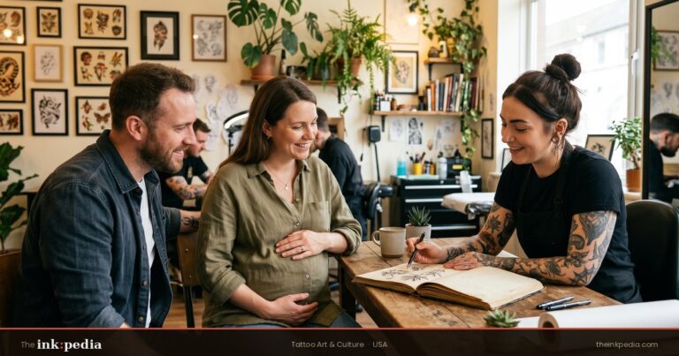 Pregnant woman consulting tattoo artist about tattoo while pregnant safety, with partner during studio appointment