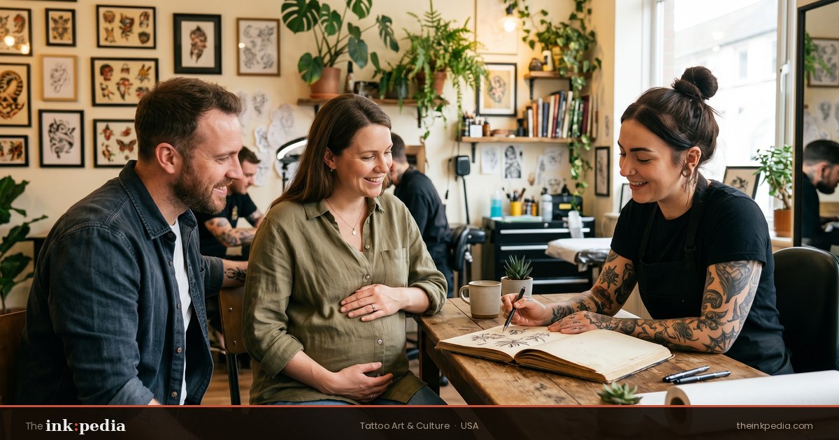 Pregnant woman consulting tattoo artist about tattoo while pregnant safety, with partner during studio appointment